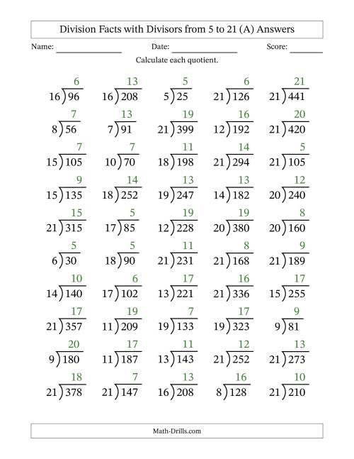 The Division Facts with Divisors and Quotients from 5 to 21 with Long Division Symbol/Bracket (A) Math Worksheet Page 2