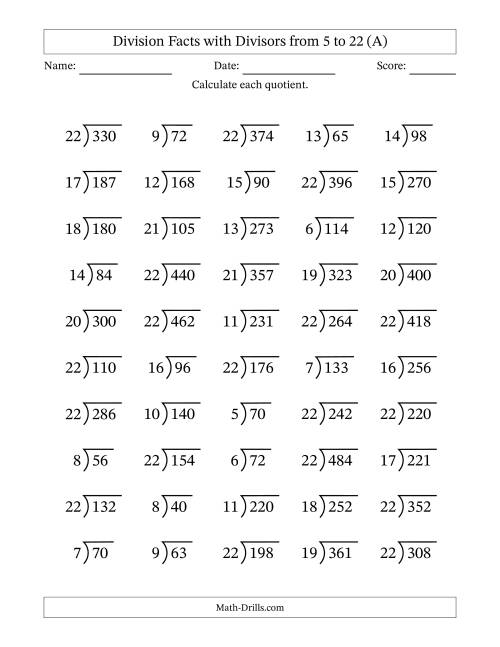 The Division Facts with Divisors and Quotients from 5 to 22 with Long Division Symbol/Bracket (A) Math Worksheet
