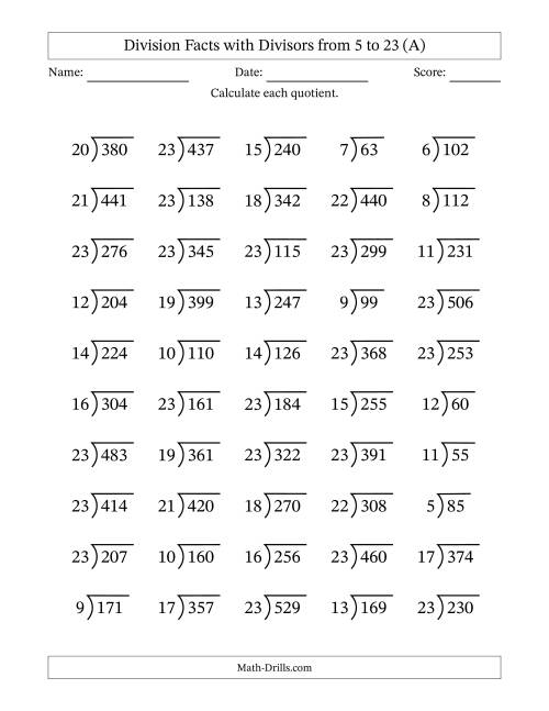 The Division Facts with Divisors and Quotients from 5 to 23 with Long Division Symbol/Bracket (A) Math Worksheet