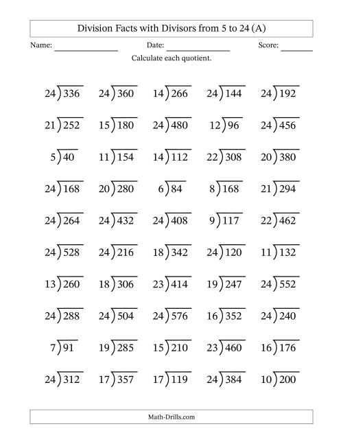 The Division Facts with Divisors and Quotients from 5 to 24 with Long Division Symbol/Bracket (A) Math Worksheet