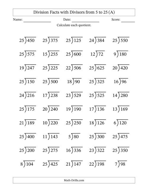 The Division Facts with Divisors and Quotients from 5 to 25 with Long Division Symbol/Bracket (A) Math Worksheet