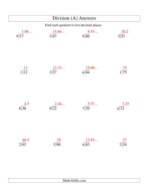 The Long Division - One-Digit Divisor and a Two-Digit Dividend with a Decimal Quotient (A) Math Worksheet Page 2