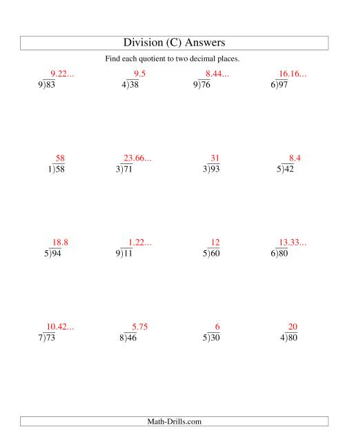 The Long Division - One-Digit Divisor and a Two-Digit Dividend with a Decimal Quotient (C) Math Worksheet Page 2