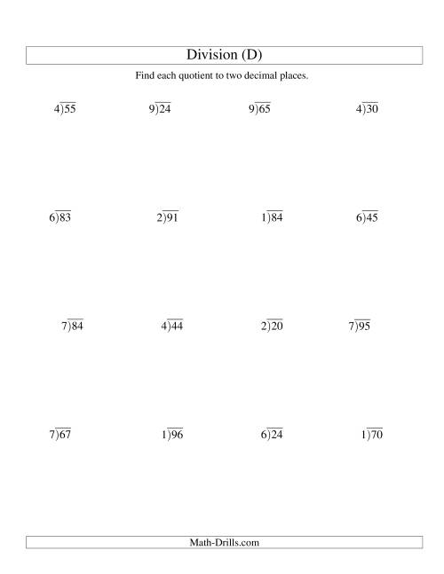 The Long Division - One-Digit Divisor and a Two-Digit Dividend with a Decimal Quotient (D) Math Worksheet