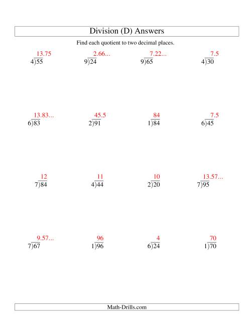 The Long Division - One-Digit Divisor and a Two-Digit Dividend with a Decimal Quotient (D) Math Worksheet Page 2