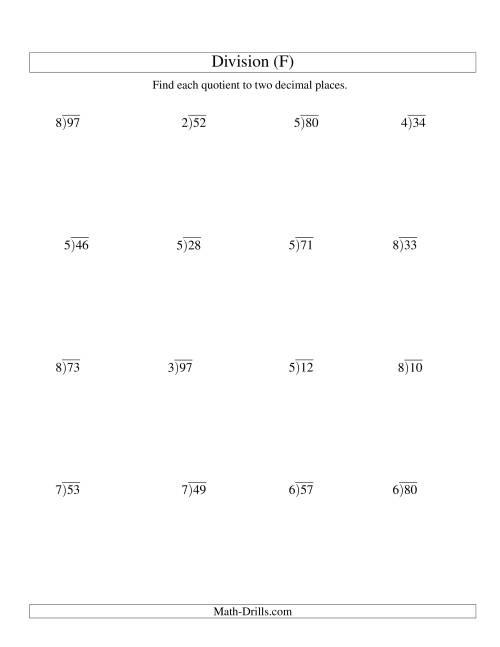 The Long Division - One-Digit Divisor and a Two-Digit Dividend with a Decimal Quotient (F) Math Worksheet