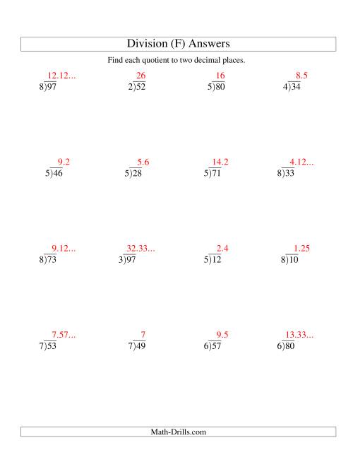 The Long Division - One-Digit Divisor and a Two-Digit Dividend with a Decimal Quotient (F) Math Worksheet Page 2