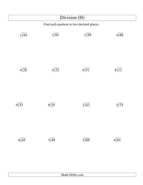 The Long Division - One-Digit Divisor and a Two-Digit Dividend with a Decimal Quotient (H) Math Worksheet