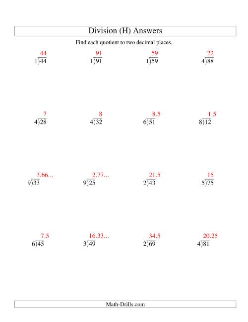 The Long Division - One-Digit Divisor and a Two-Digit Dividend with a Decimal Quotient (H) Math Worksheet Page 2