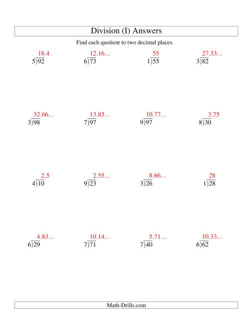 The Long Division - One-Digit Divisor and a Two-Digit Dividend with a Decimal Quotient (I) Math Worksheet Page 2