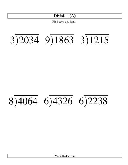 The Long Division - One-Digit Divisor and a Three-Digit Quotient with No Remainder -- Large Print (A) Math Worksheet