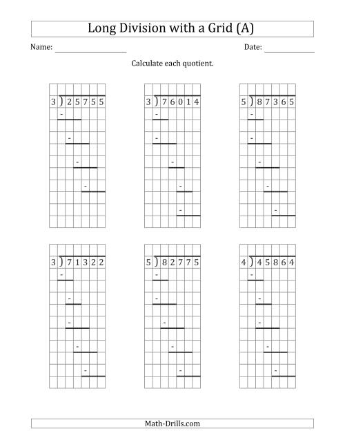 The 5-Digit by 1-Digit Long Division with Grid Assistance and Prompts and NO Remainders (A) Math Worksheet