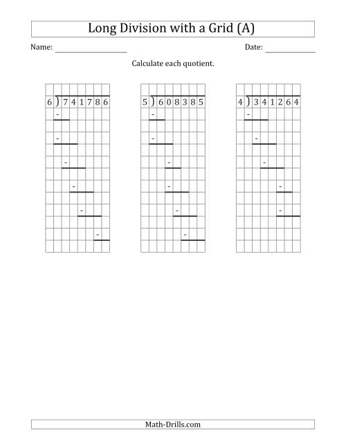 The 6-Digit by 1-Digit Long Division with Grid Assistance and Prompts and NO Remainders (A) Math Worksheet