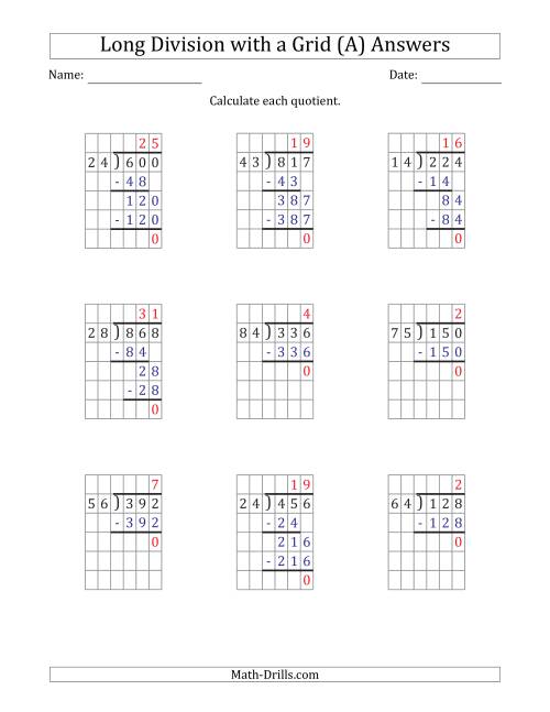 The 3-Digit by 2-Digit Long Division with Grid Assistance and NO Remainders (A) Math Worksheet Page 2