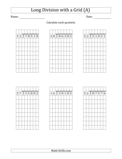 The 5-Digit by 2-Digit Long Division with Remainders with Grid Assistance (A) Math Worksheet