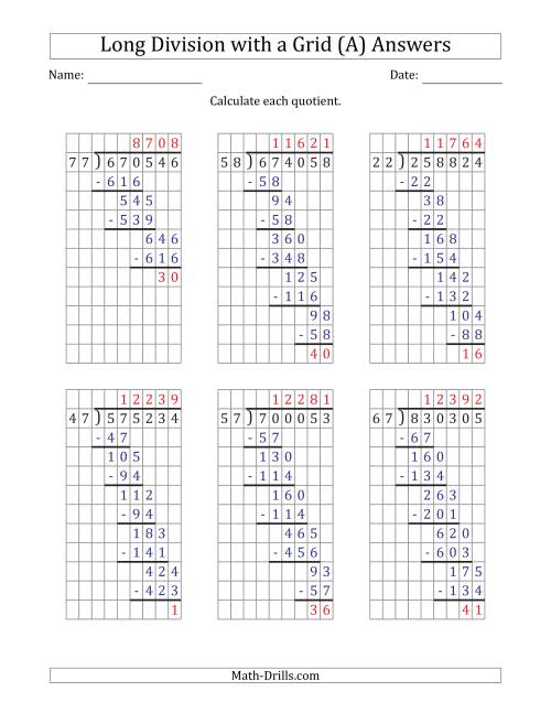 The 6-Digit by 2-Digit Long Division with Remainders with Grid Assistance (A) Math Worksheet Page 2