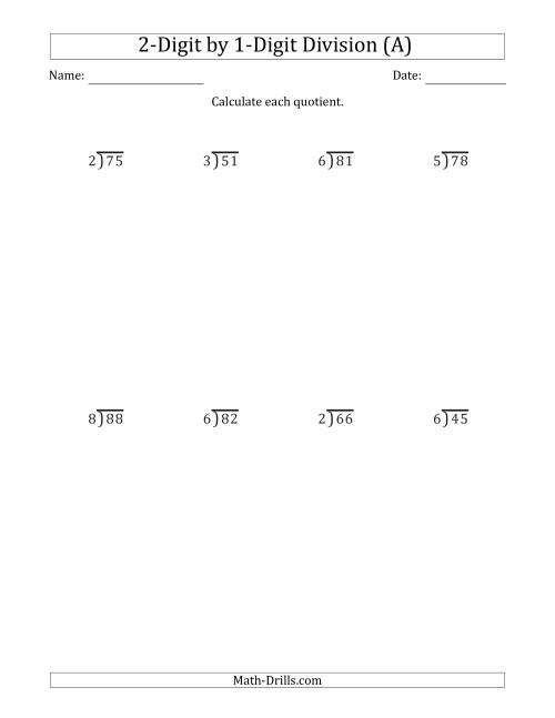 The 2-Digit by 1-Digit Long Division with Remainders and Steps Shown on Answer Key (A) Math Worksheet