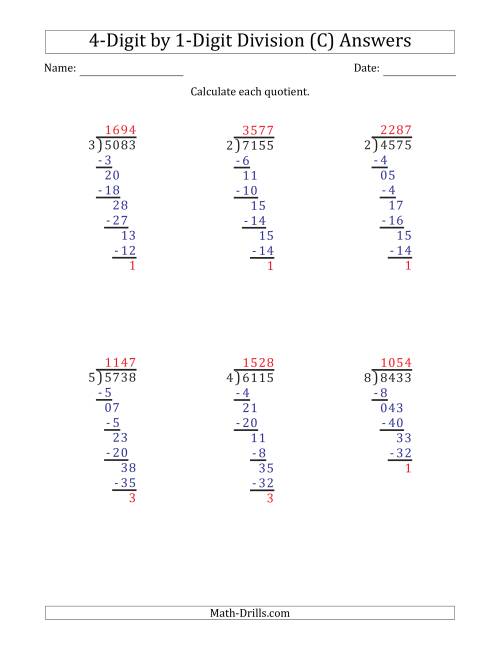 The 4-Digit by 1-Digit Long Division with Remainders and Steps Shown on Answer Key (C) Math Worksheet Page 2