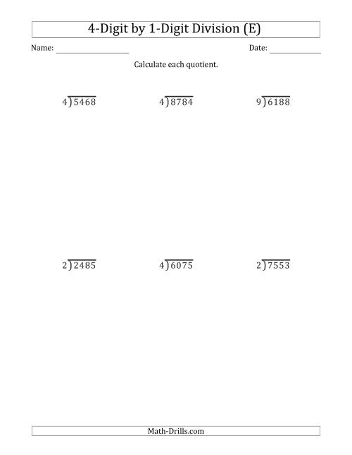 The 4-Digit by 1-Digit Long Division with Remainders and Steps Shown on Answer Key (E) Math Worksheet