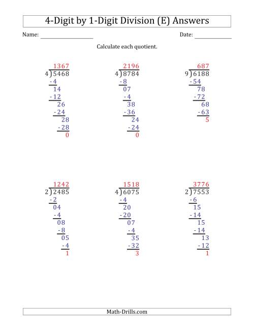The 4-Digit by 1-Digit Long Division with Remainders and Steps Shown on Answer Key (E) Math Worksheet Page 2