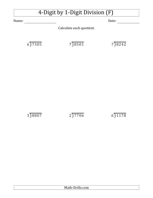 The 4-Digit by 1-Digit Long Division with Remainders and Steps Shown on Answer Key (F) Math Worksheet