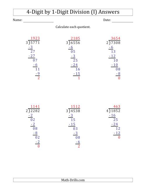 The 4-Digit by 1-Digit Long Division with Remainders and Steps Shown on Answer Key (I) Math Worksheet Page 2