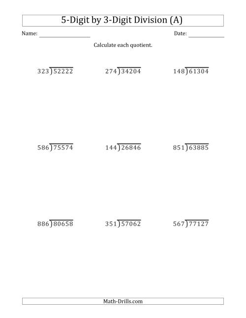 The 5-Digit by 3-Digit Long Division with Remainders and Steps Shown on Answer Key (A) Math Worksheet