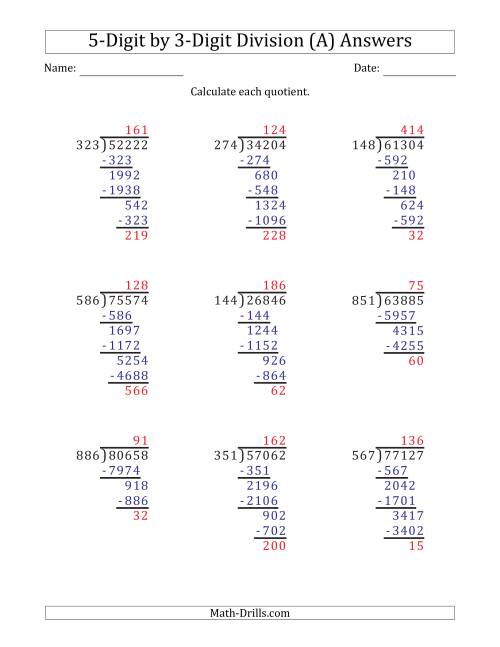 The 5-Digit by 3-Digit Long Division with Remainders and Steps Shown on Answer Key (A) Math Worksheet Page 2
