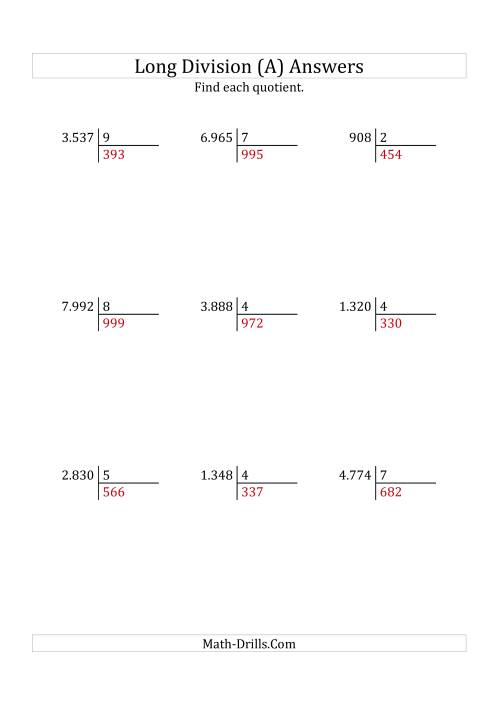 The European Long Division with a 1-Digit Divisor and a 3-Digit Quotient with No Remainders (A) Math Worksheet Page 2