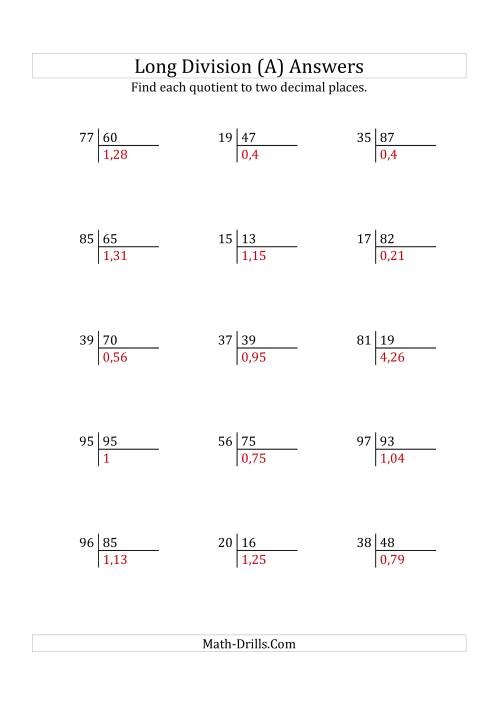 The European Long Division with a 2-Digit Divisor and a 2-Digit Dividend with Decimal Quotients (A) Math Worksheet Page 2
