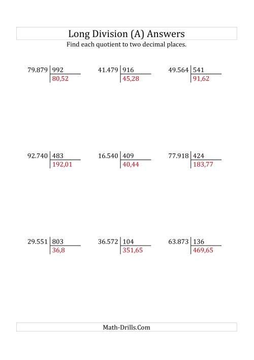 The European Long Division with a 3-Digit Divisor and a 5-Digit Dividend with Decimal Quotients (A) Math Worksheet Page 2
