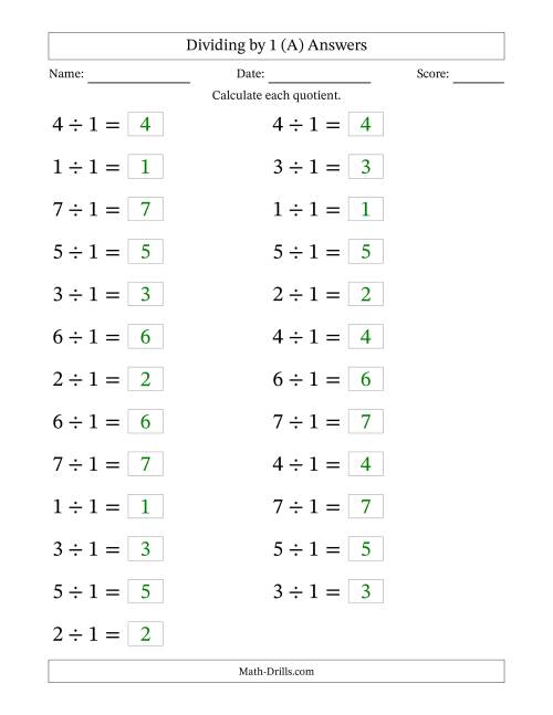 The Horizontally Arranged Dividing by 1 with Quotients 1 to 7 (25 Questions; Large Print) (A) Math Worksheet Page 2