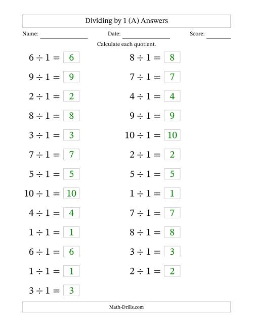 The Horizontally Arranged Dividing by 1 with Quotients 1 to 10 (25 Questions; Large Print) (A) Math Worksheet Page 2