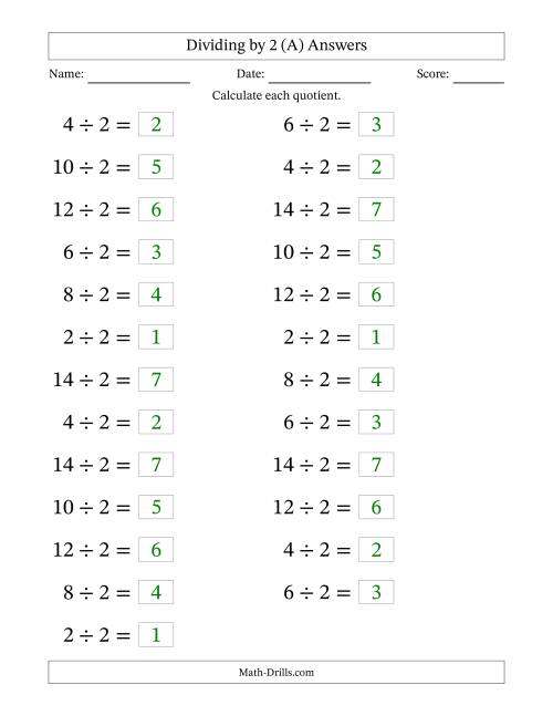 The Horizontally Arranged Dividing by 2 with Quotients 1 to 7 (25 Questions; Large Print) (A) Math Worksheet Page 2