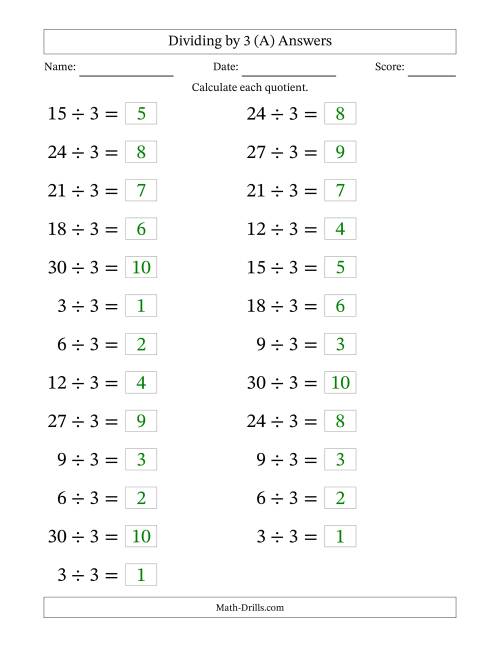 The Horizontally Arranged Dividing by 3 with Quotients 1 to 10 (25 Questions; Large Print) (A) Math Worksheet Page 2