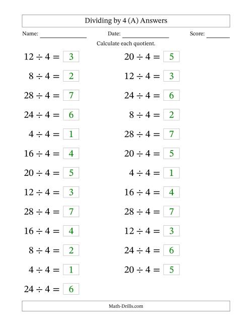 The Horizontally Arranged Dividing by 4 with Quotients 1 to 7 (25 Questions; Large Print) (A) Math Worksheet Page 2