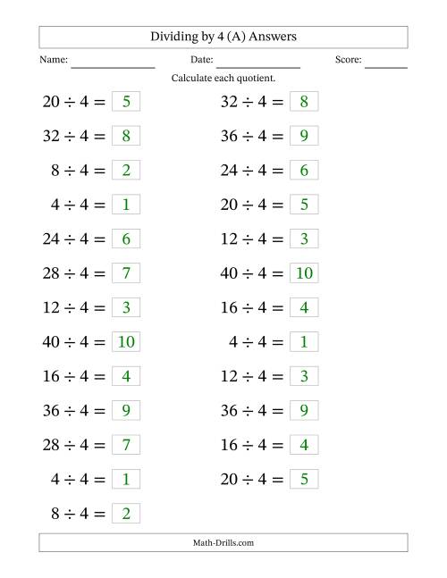 The Horizontally Arranged Dividing by 4 with Quotients 1 to 10 (25 Questions; Large Print) (A) Math Worksheet Page 2