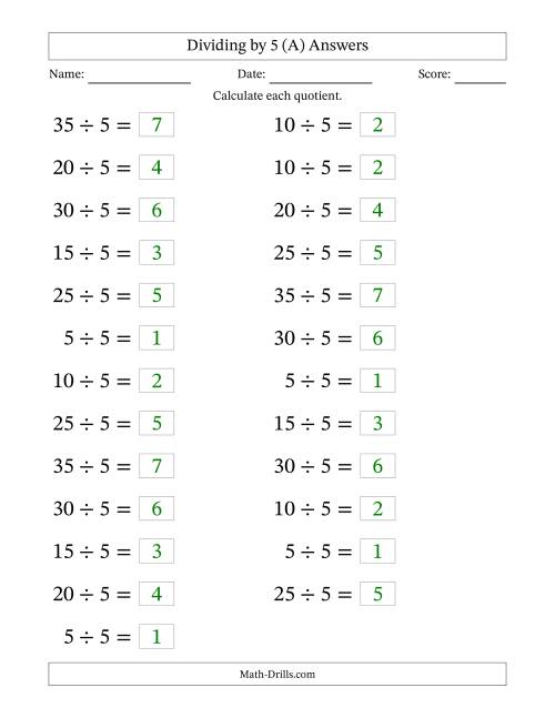 The Horizontally Arranged Dividing by 5 with Quotients 1 to 7 (25 Questions; Large Print) (A) Math Worksheet Page 2
