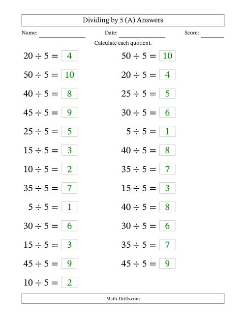 The Horizontally Arranged Dividing by 5 with Quotients 1 to 10 (25 Questions; Large Print) (A) Math Worksheet Page 2