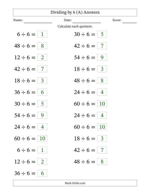 The Horizontally Arranged Dividing by 6 with Quotients 1 to 10 (25 Questions; Large Print) (A) Math Worksheet Page 2