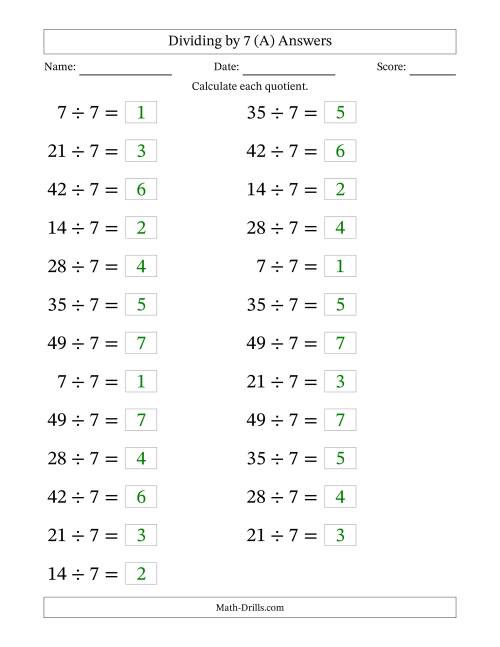 The Horizontally Arranged Dividing by 7 with Quotients 1 to 7 (25 Questions; Large Print) (A) Math Worksheet Page 2