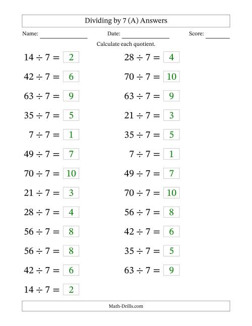 The Horizontally Arranged Dividing by 7 with Quotients 1 to 10 (25 Questions; Large Print) (A) Math Worksheet Page 2