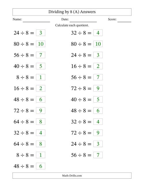 The Horizontally Arranged Dividing by 8 with Quotients 1 to 10 (25 Questions; Large Print) (A) Math Worksheet Page 2