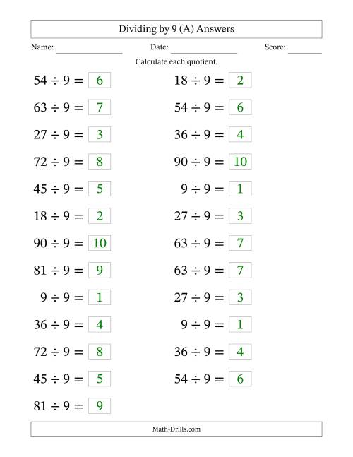 The Horizontally Arranged Dividing by 9 with Quotients 1 to 10 (25 Questions; Large Print) (A) Math Worksheet Page 2