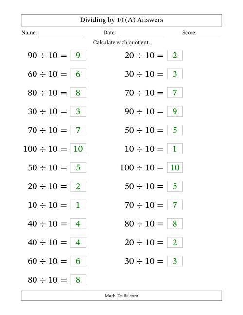 The Horizontally Arranged Dividing by 10 with Quotients 1 to 10 (25 Questions; Large Print) (A) Math Worksheet Page 2