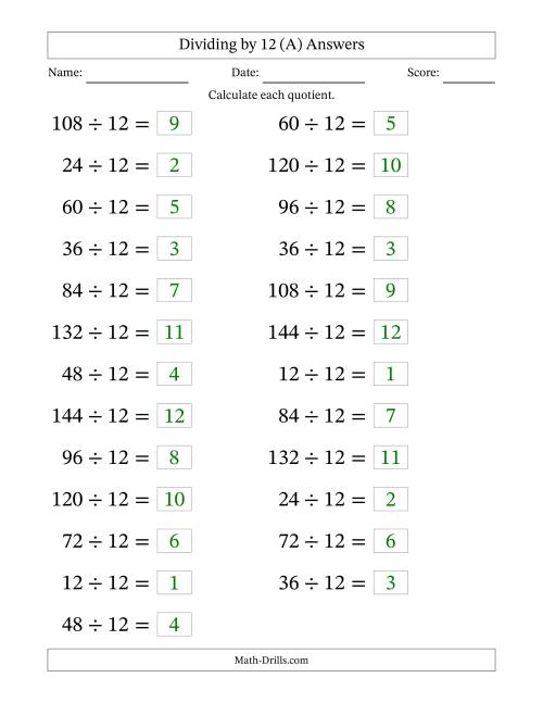The Horizontally Arranged Dividing by 12 with Quotients 1 to 12 (25 Questions; Large Print) (A) Math Worksheet Page 2
