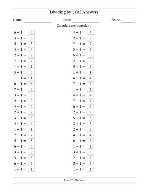 The Horizontally Arranged Dividing by 1 with Quotients 1 to 7 (50 Questions) (A) Math Worksheet Page 2