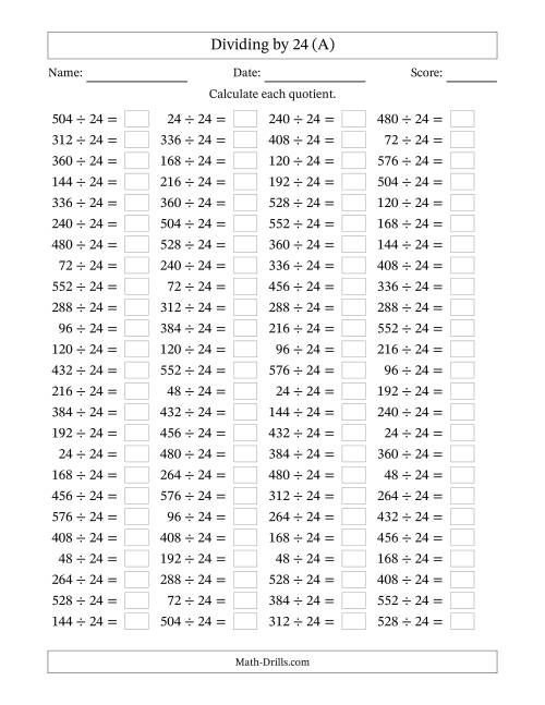 The Horizontally Arranged Dividing by 24 with Quotients 1 to 24 (100 Questions) (A) Math Worksheet