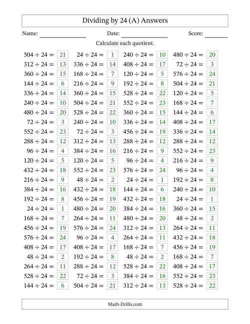 The Horizontally Arranged Dividing by 24 with Quotients 1 to 24 (100 Questions) (A) Math Worksheet Page 2