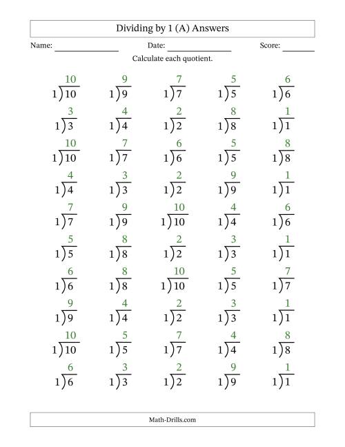 The Division Facts by a Fixed Divisor (1) and Quotients from 1 to 10 with Long Division Symbol/Bracket (50 questions) (A) Math Worksheet Page 2